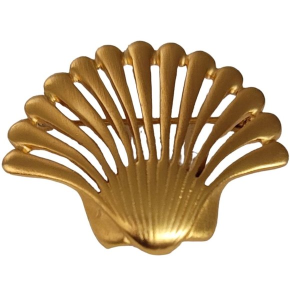 Anne Klein Matte Gold Tone Clam Shell Brooch Signed E06